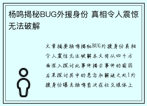 杨鸣揭秘BUG外援身份 真相令人震惊无法破解